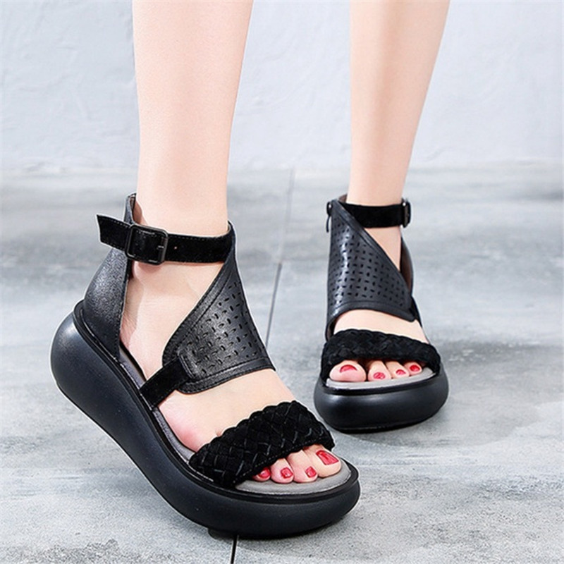 

2021 New Fashionable of Genuine Women Handmade Leather Ladies Summer Thick Only Retro Sandals Buckle Shoes BGCJ, Black
