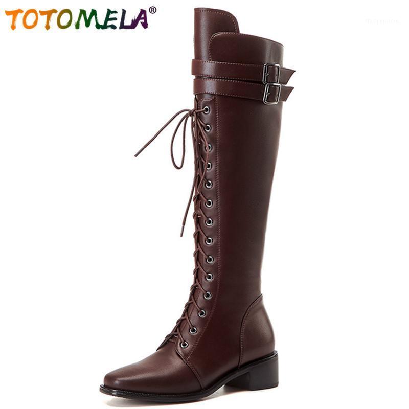 

TOTOMELA newest full genuine leather shoes women knee high boots round toe lace up buckle zip fashion riding boots woman1, Brown