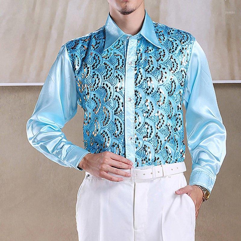 

Men's Casual Shirts Wholesale- Selling Men Latin Dance Tops Long Sleeve Sequins Practice Performance Dancewear Singer Stage Chorus Shirts1, White 40
