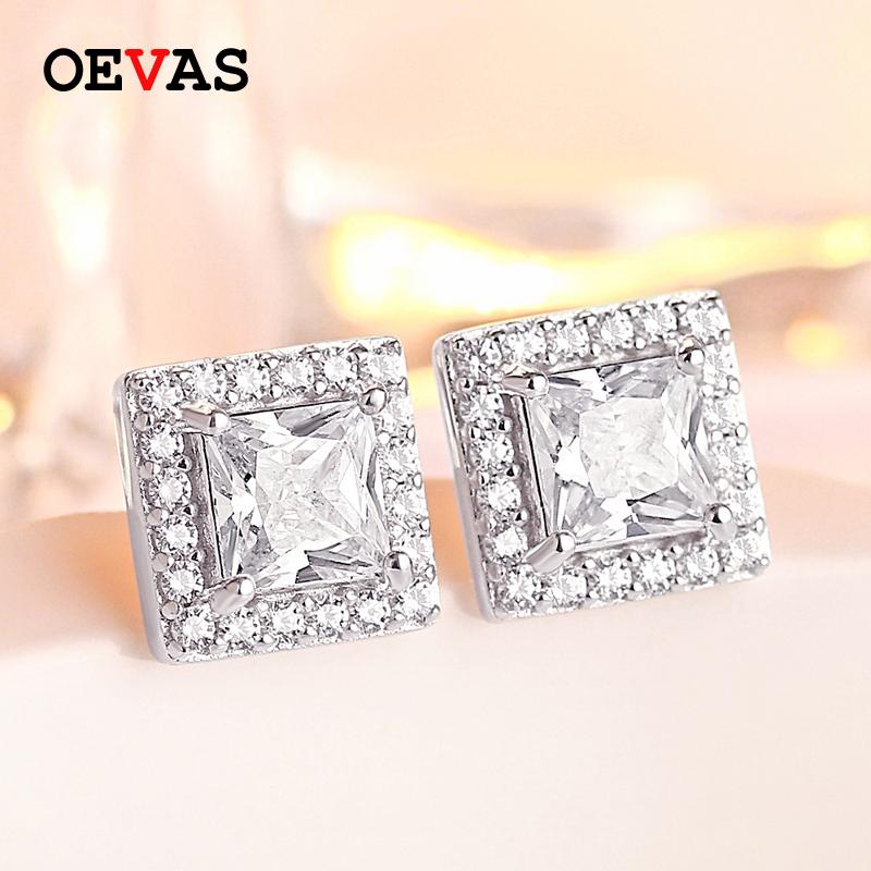 

OEVAS Solid 925 Sterling Silver Stud Earrings for women Sparking Square Zircon Wedding Party Bride band Jewelry Anniversary gift