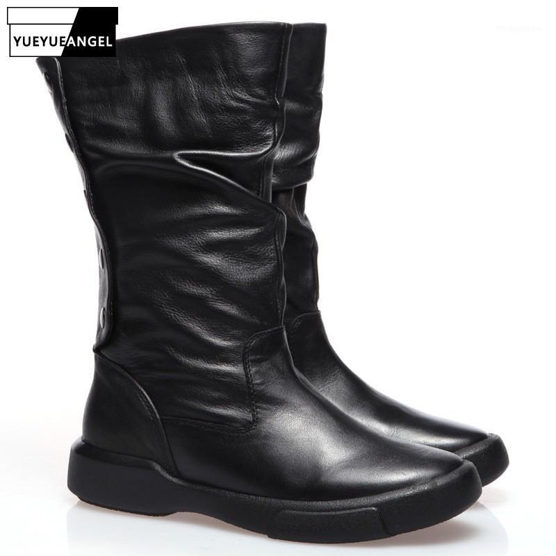 

Hot Sale Autumn Winter New Genuine Leather Womens Wedges Boots Fashion Rear Buckle Pleated Round Toe Casual Female Mid Boots1, Black