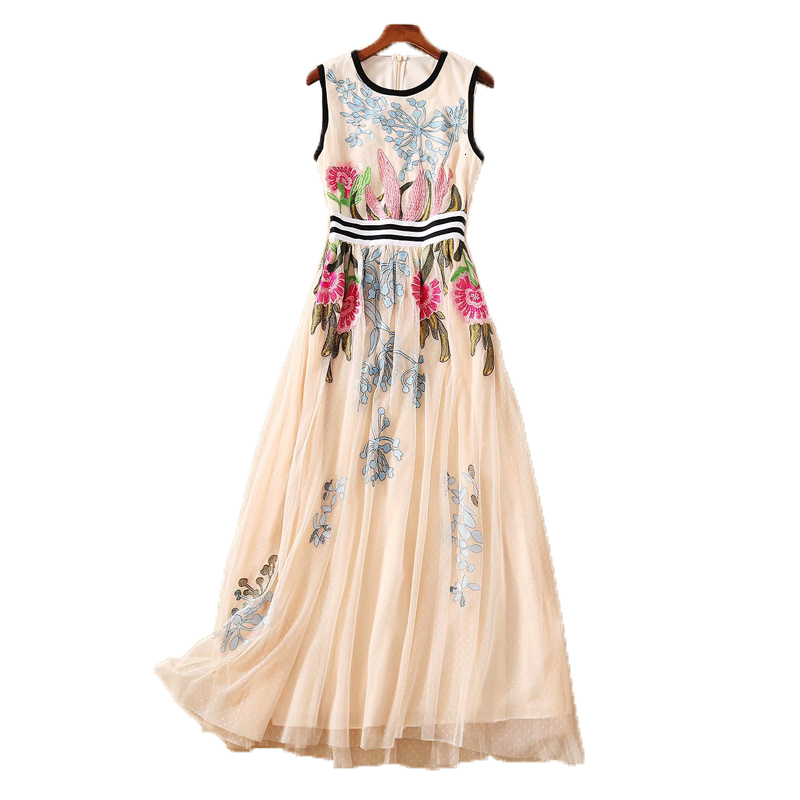 

2021 Summer Track New Retro Ethnic Style Flowers Embroidered Stripes Party Without Sleeves Thin Temperament Dress High Quality Lsno, Multiple