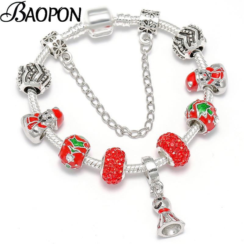 

BAOPON Santa Claus Beads Charm Bracelets Snowmen Pendant Brand Bracelets Silver Color Fashion Jewelry For Women New Year Gift