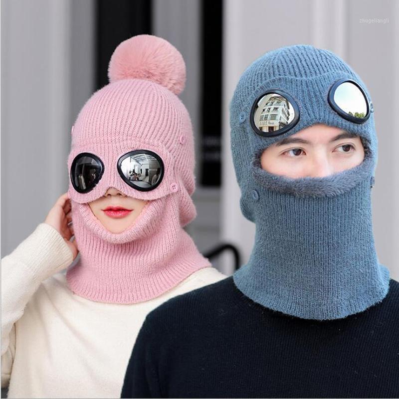 

New Russian Ushanka snow skiing Hat men caps women Pompoms winter hat with mask glasses raccoon fur neck Sports1