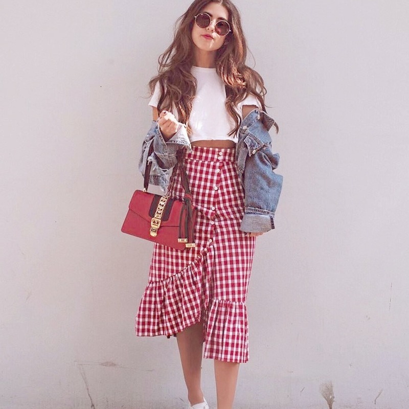 

2021 New spring and summer high waist simple all-match solid color asymmetric in a checkered buttons a-line skirt ladies UL8Q, Red