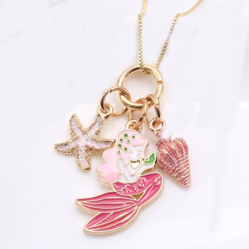 

2020 Enamel Box Chain Children Necklace Sweet Pink Mermaid Fish Scale Heart Pendant Chain Necklace1