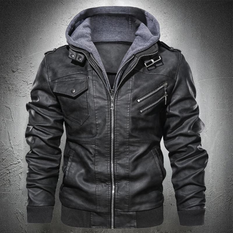 

Men's Fur & Faux Men Autumn Leather Jacket Hooded Motorcycle Pu Fashion Punk Style Male Casual Fall Coat, Grey