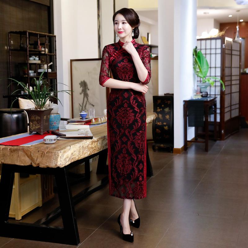 

New Burgundy Chinese Traditional Women Lace Qipao Classic Long Vintage Gown Cheongsam Sexy Dress Plus Size  L XL XXL 3XL 4XL