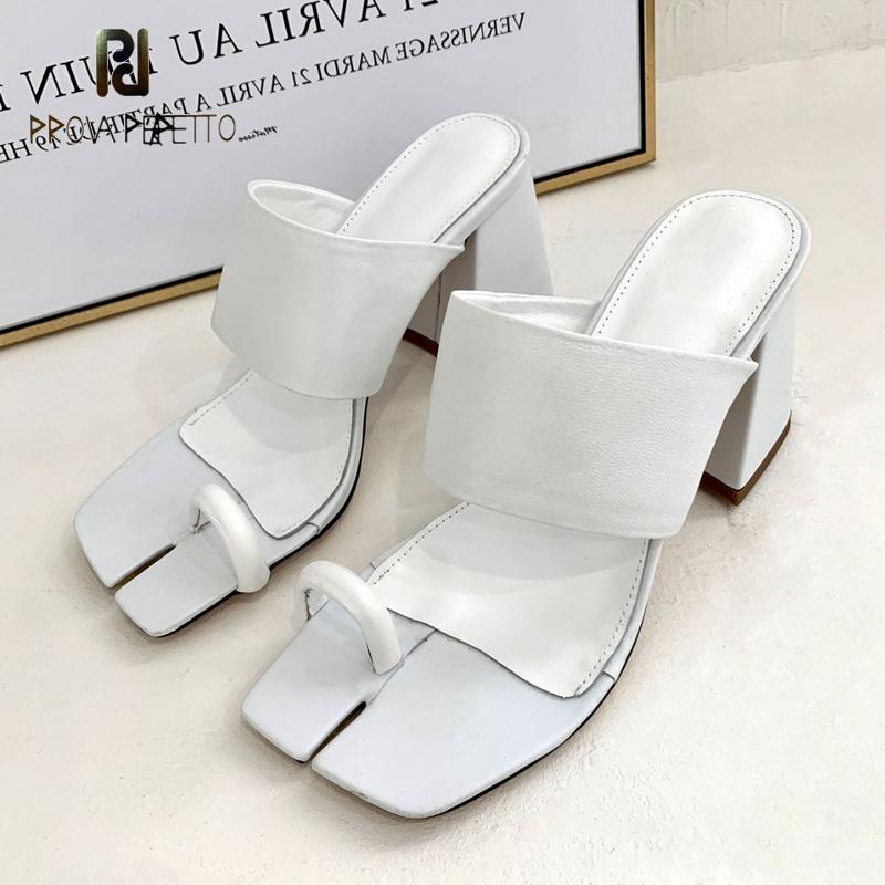 

Trotter Split-toe Shoes High-heeled Leather 2021New Summer Square-toed Thick-heeled Flip-flops Female Outer Wear Fashion Sandals, Black