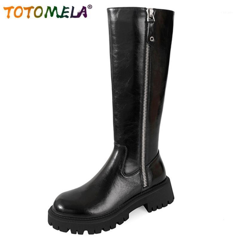 

TOTOMELA 2021 Top Quality Genuine Leather Knee High Boots Women Round Toe Autumn Winter Low Heel CAsual Shoes Women Boots1, Beige with fur