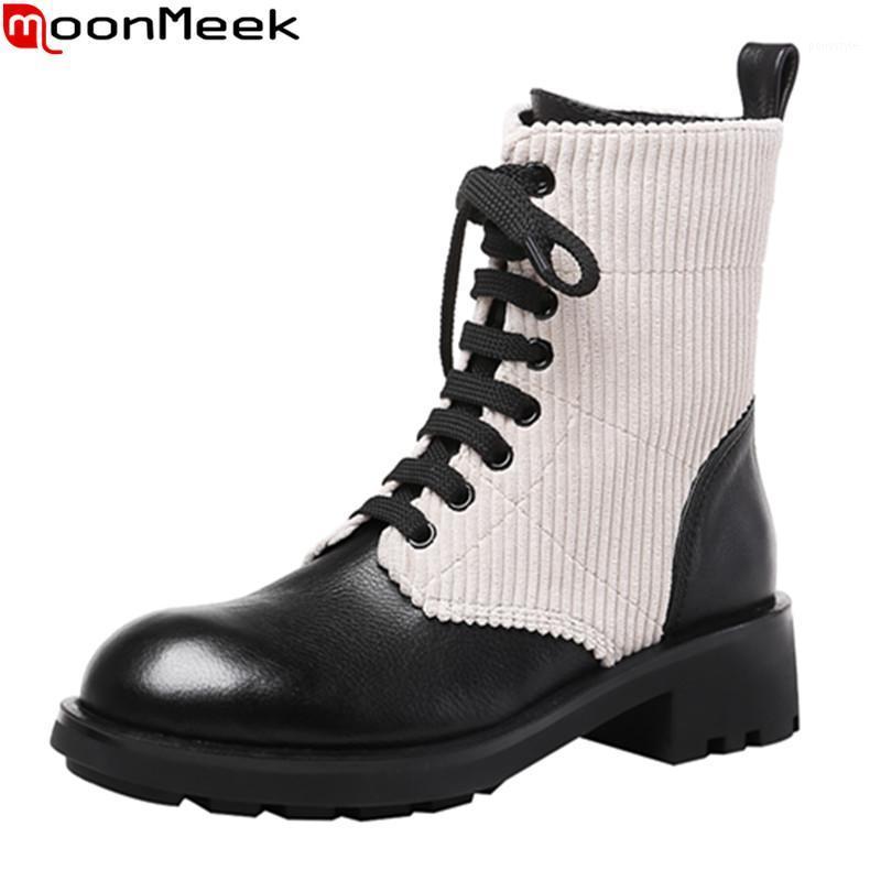 

MoonMeek 2021 Genuine leather boots square heels round toe autumn winter boots lace up mixed colors ankle women1, Rice white