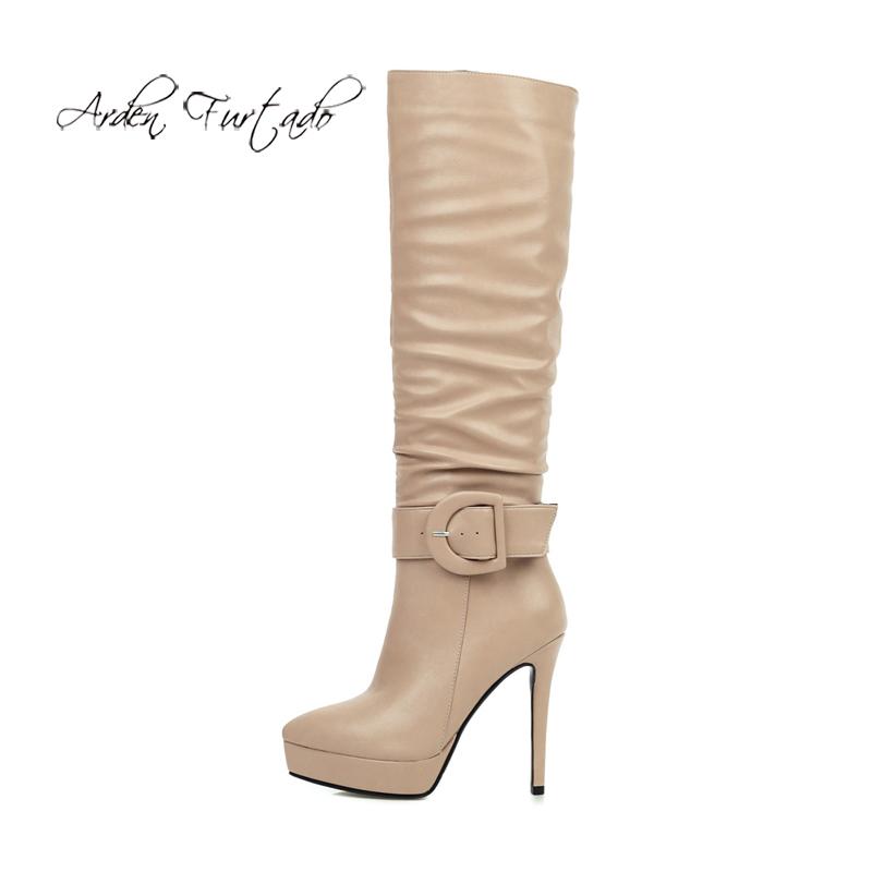 

Arden Furtado Fashion Women's Shoes Winter Pointed Toe Stilettos Heels Zipper pure color Elegant Ladies Boots Concise Mature, Beige