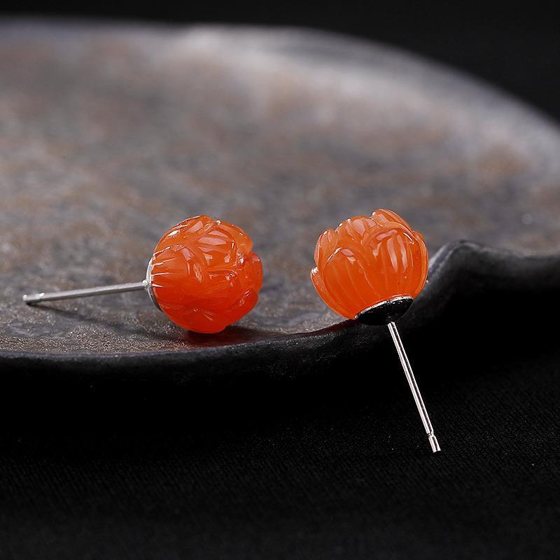 

Stud Silver Inlaid Red Jasper Lotus Earrings Chinese Style Retro Charm Elegant Lovely Small Design Women's Brand Jewelry