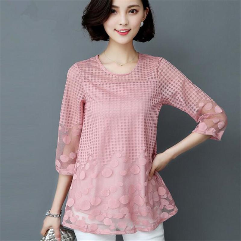 

Women's Blouses & Shirts 5XL Women Spring Summer Fashion Elegant Lace Blouse Shirt Chiffon 3/4 Sleeve Sexy Tops Plus Size Loose Clothing, White