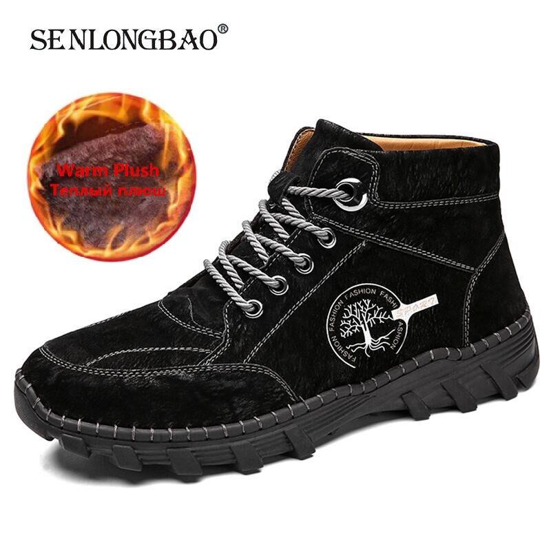 

2020 Men's Winter Boots Handmade Leather Men's Ankle Boots Fur Warm Snow Outdoor Comfortable Motorcycle, No plush green