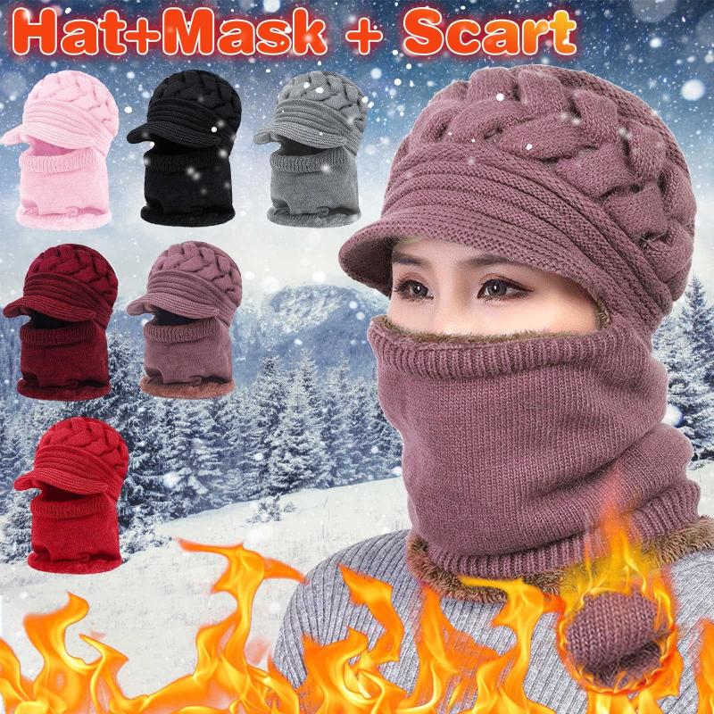 

New Women Thick Warm Skullies Balaclava Knitted Winter Hats For Women Beanies Smile Caps For Girl Protect Neck Snow Cap #YJ