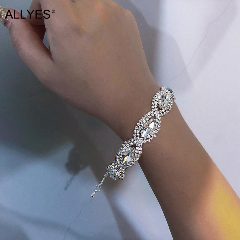 

Charm Bracelets ALLYES Korean Full Rhinestone Claw Chain For Women Fashion Shiny Oval Crystal Simple Party Bracelet Female Jewelry
