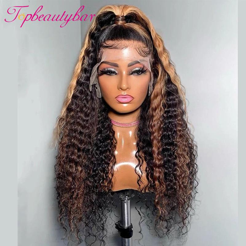 

Topbeautybar Lace Front Human Hair Wigs Highlight Ombre Curly Brazilian Remy Hair Lace Wigs 180% Density, As pic