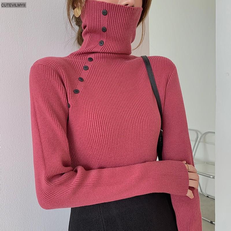 

Autumn Winter Warm Chic Female Slim Knitted Jumpers Fashion Buttons Women Thick Turtleneck Sweater Pullovers, Black