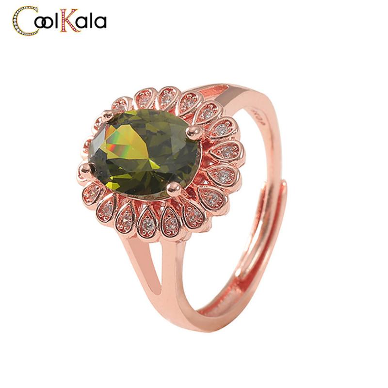 

Wedding Rings Coolkala Fashion Rectangular Olive Green Tourmaline Open Female Flower Ring