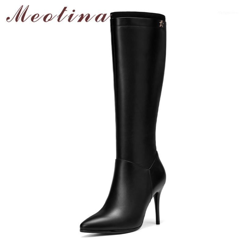 

Meotina Winter Knee High Boots Women Natural Genuine Leather Stiletto High Heel Tall Boots Zipper Pointed Toe Shoes Ladies 34-391, Black