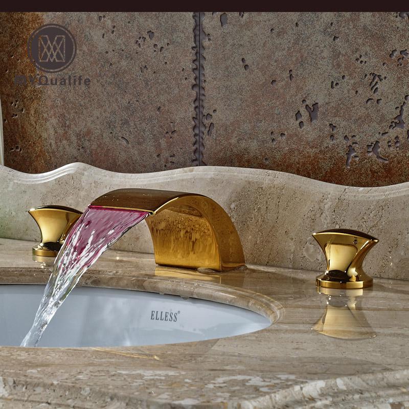 

Luxury LED Color Changing Waterfall Basin Faucet Dual Handles 3 Holes Golden Brass Bathroom Mixer Tap