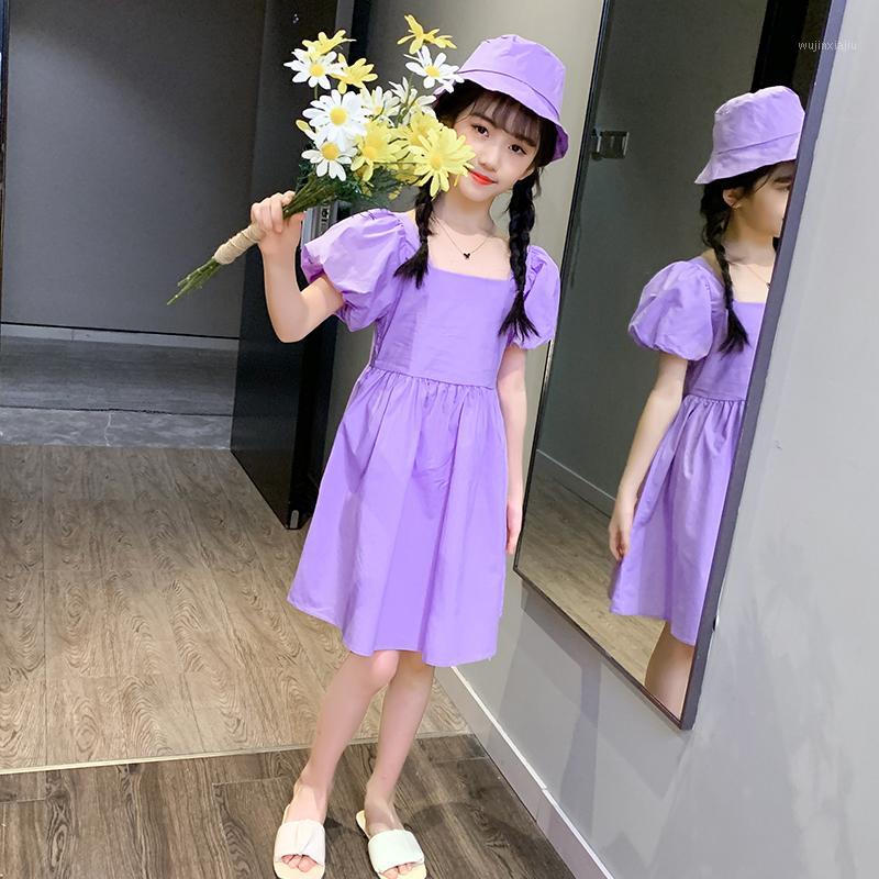 

Sweet Girls Dresses Summer Clothes Puff Sleeve Cotton Dress With hat A-line Dresses Fashion Kids Clothes 12 years 3-15 Girl Wear1, Purple