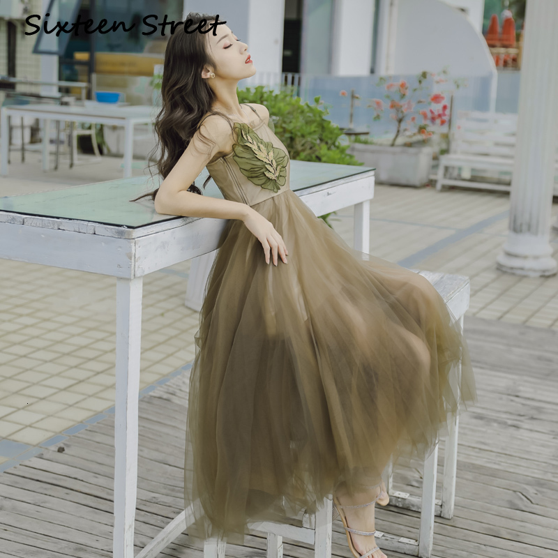 

2021 Mesh Long for Sleeveless Trips Bohemian Girdle Beach Feminine Petals Applique Dress Party Summer Thlc, Blue