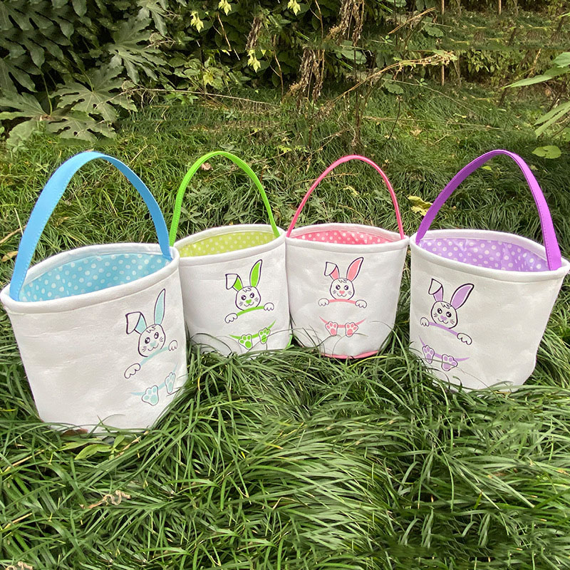 

4 Colors Easter Basket Canvas Buckets Personalized Easter Kids Bunny Gift Bags Rabbit Tote Bag M3222, Black