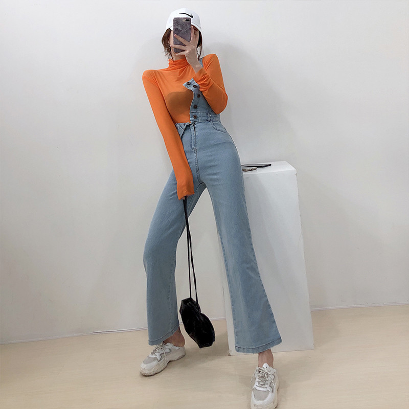 

2021 Female Korean Jeans Summer the New Fashion High Bodysuit Thin Slingshot Denies in General Straight-line Baggy Pants D6IY, Blue