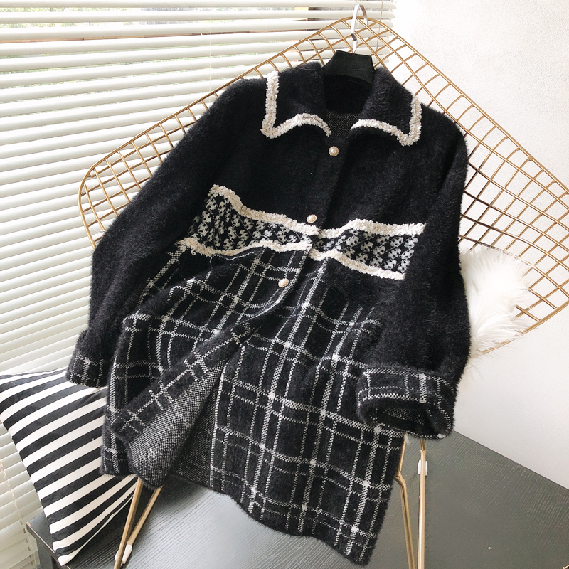 

2021 Knitted New Fall Retro Lapel Mid-length Vison Cashmere Plaid Reuniting Soft Hot Women's Jacket KHJA, White