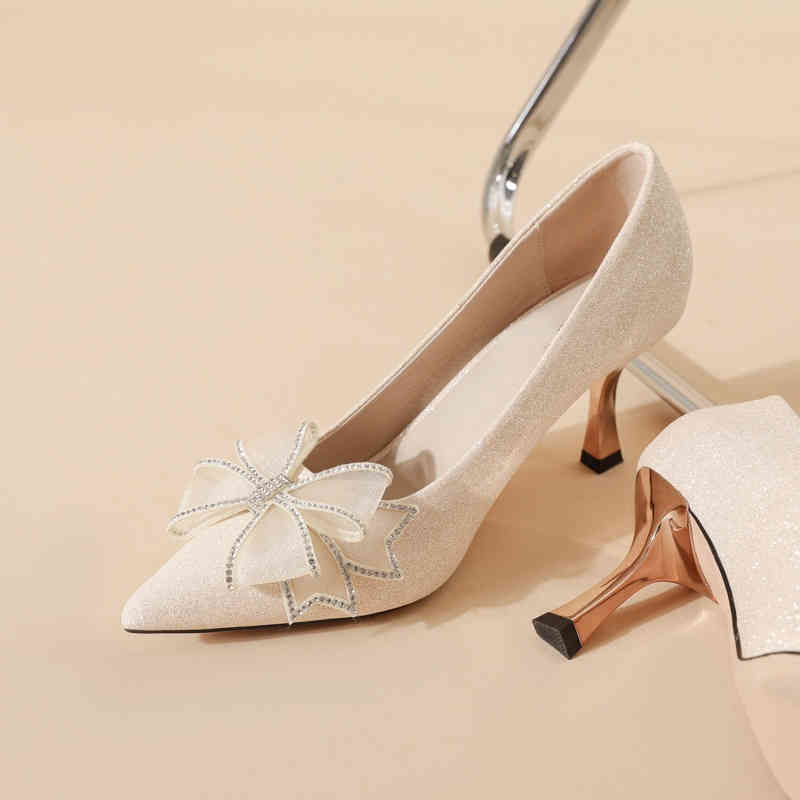 

7cm New Fashion Pointed Toe Sequins with Bow High Heels Party Banquet Women Cream Shoes, Pink 7cm