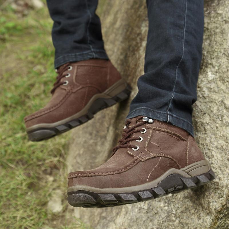 

Plus size Genuine Leather Boots Men Handmade Winter Snow Boots Warm Fur&Plush Ankle Lace Up High Top Men Shoes1, Khaki-fur
