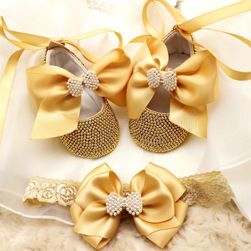 

New arrival gold baby baptism shoes newborn princess shower gift pearl shoes baby girl christening gift1