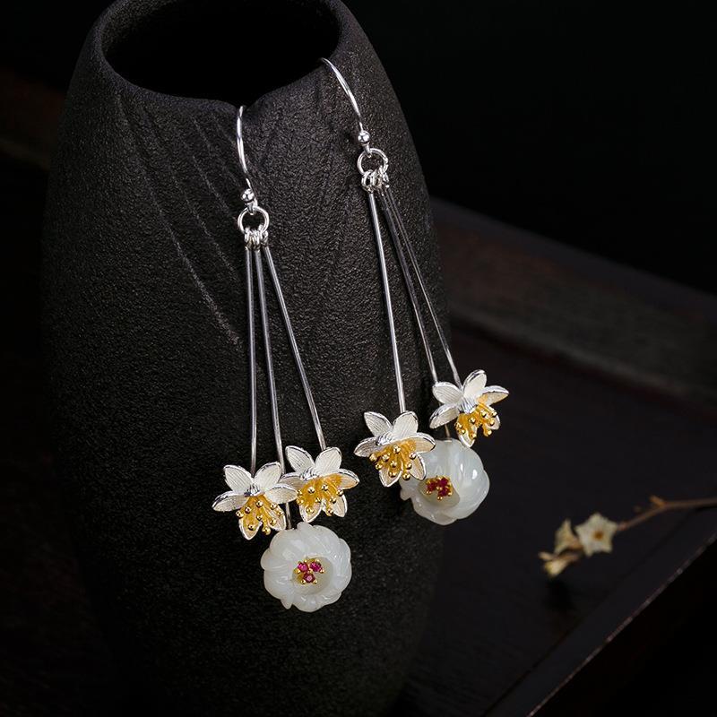 

New silver inlaid natural Hetian white Chalcedony plum blossom Earrings Chinese style retro charm women's luxury jewelry
