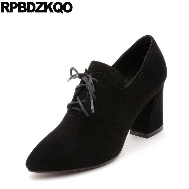 

10 Ankle Sheepskin Suede High Heel Big Size Women Short Black Front Lace Up Casual Boots Autumn Pointed Toe Chunky Fall Shoes, Black 7.5cm