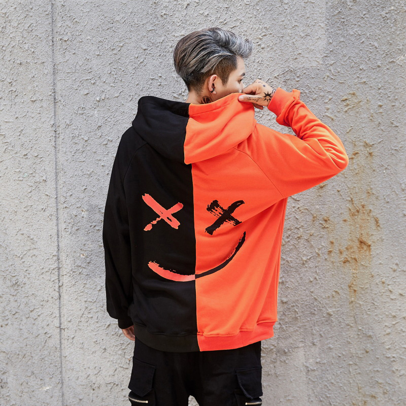 

2021 New Casual Hooded Sweater Men's Color Matching Zipper Smiley Face Print Top Hoodies 5flh, Gray