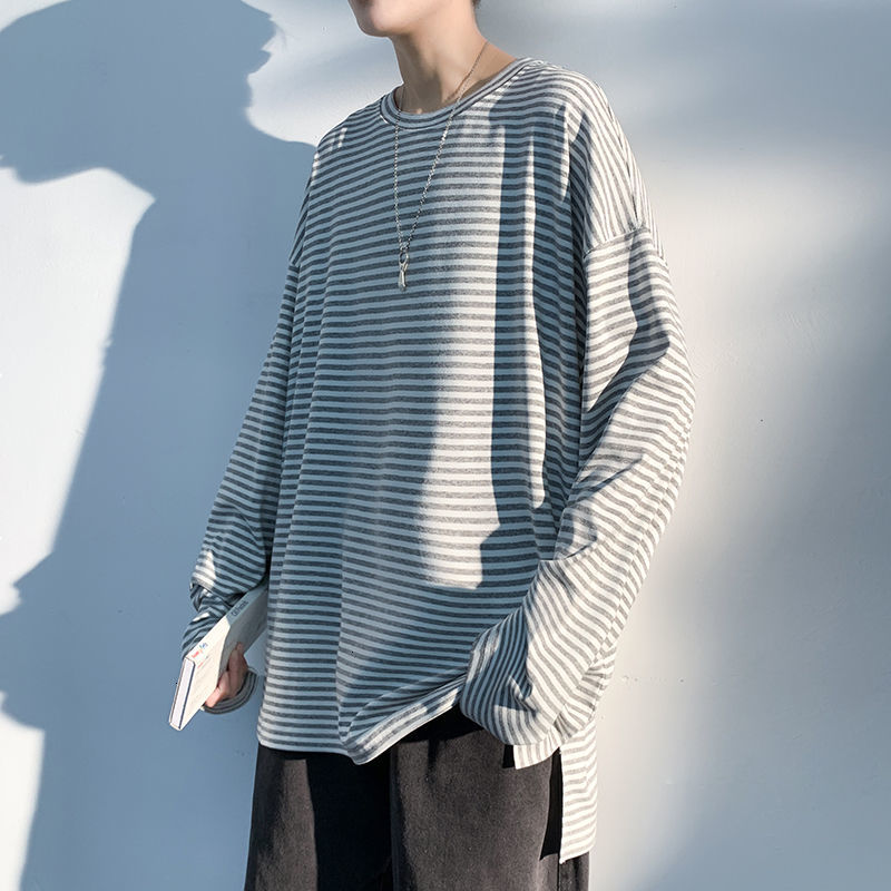 

Sweat 2021 Male Spring/winter New Striped Long Sleeve Around Neck Slit Sweatshirt Youth Men's Clothes E7AX, Grey sliver.
