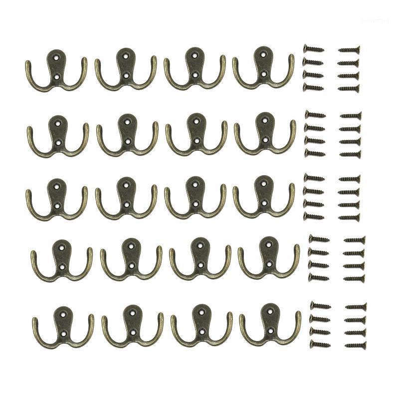 

Robe Hooks 20 Pieces Double Prong Hook Rustic Retro Cloth Hanger With 40 Screws, Bronze Color