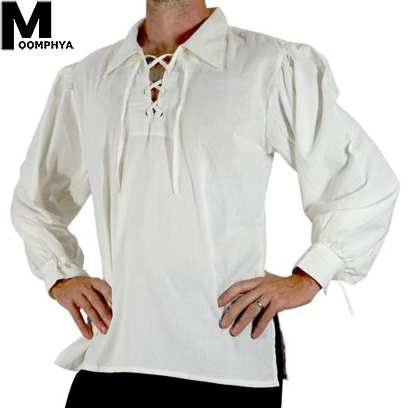 

Moomphya Medieval Retro Style Cross Lace Up Collar Men Shirt Casual Plain Long Sleeve Vintage Shirt Men Loose Tops, Black