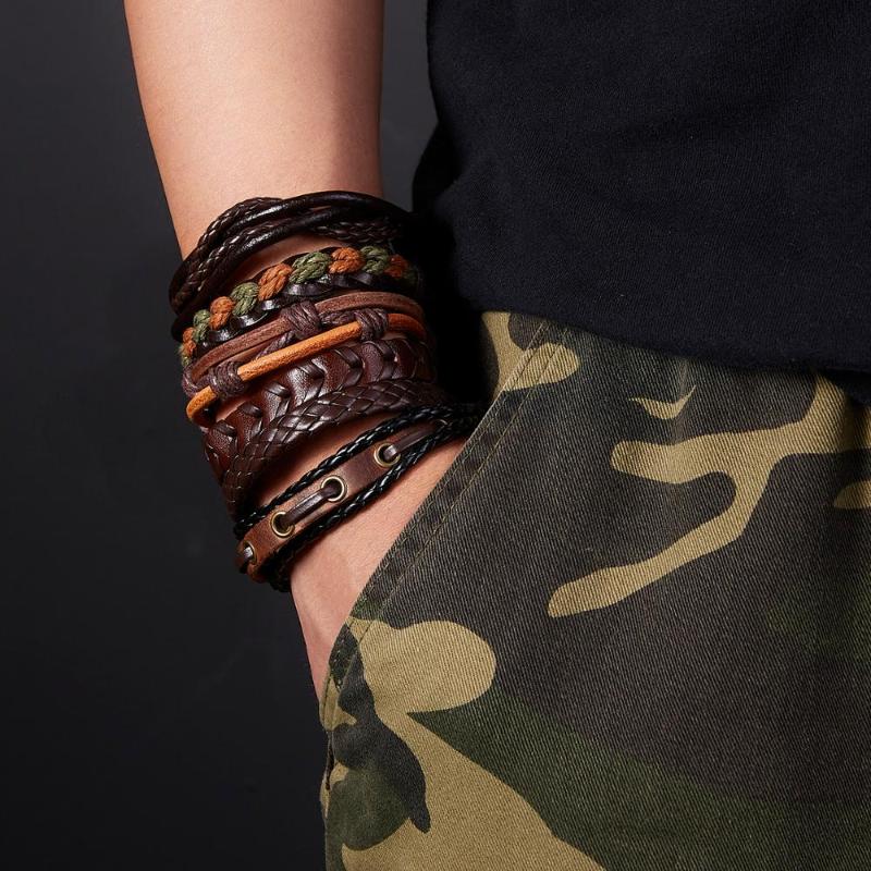 

pcs/set Bracelets & Bangles Mens Leather Bracelets Multilayer Black Brown Leather Jewelry Charm Pulseiras Male Wristband