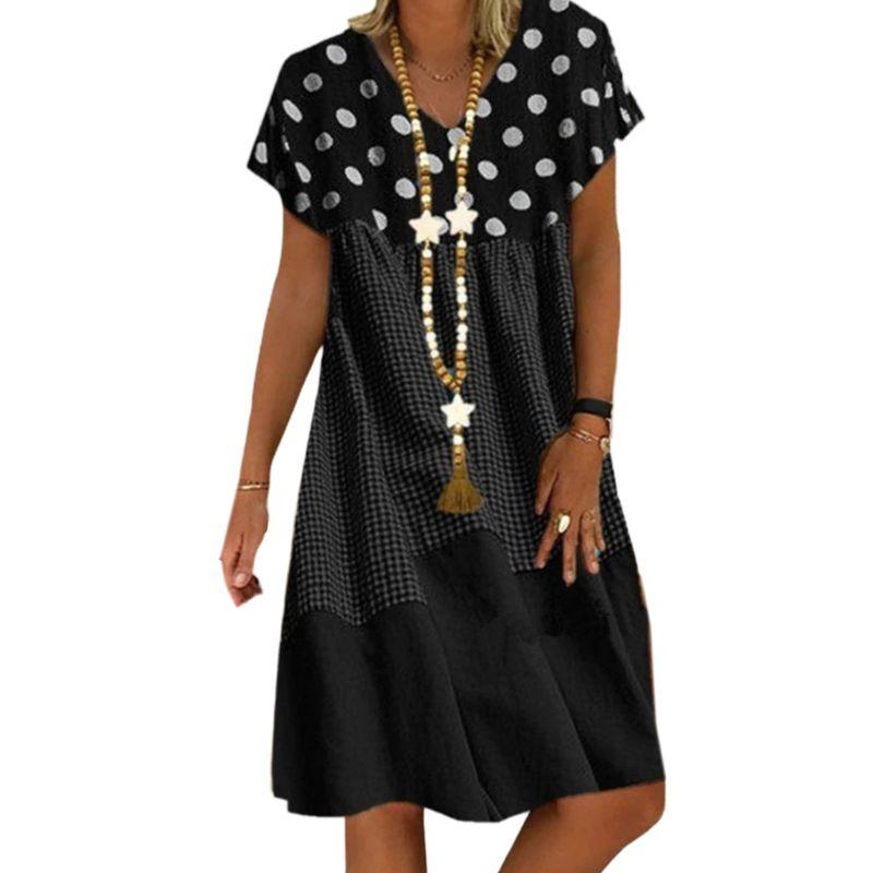 

2020 Women Short Sleeves V-Neck Loose Midi Dress Plaid Polka Dot Patchwork Sundress Summer Ladies Beach Dress Plus Size, Yellow