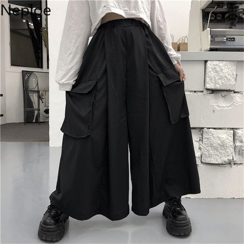 

Neploe Japanese Leisure Large Pockets Causal Pants Women Men Loose Wide Leg Trousers Stretch High Waist Straight Pants 58337 201031, Black