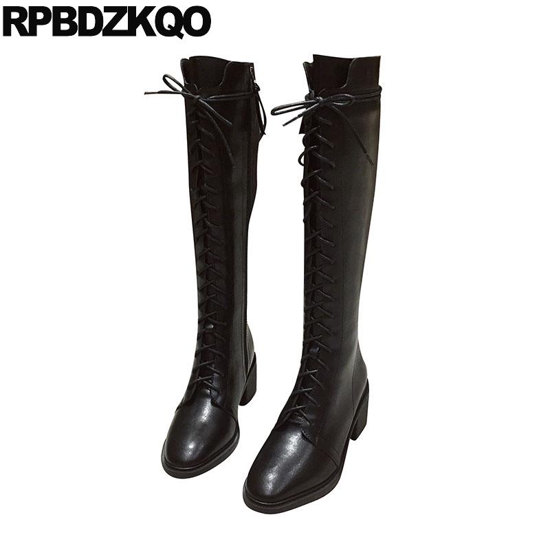

waterproof beige thick 2020 knee high chunky shoes women boots lace up fashion winter tall long round toe black new