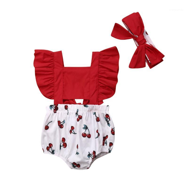 

Summer Baby Clothes 2Pcs Newborn Infant Kids Baby Girl Ruffle Cherry Sleeveless Bodysuit Sun Outfits1, As pic