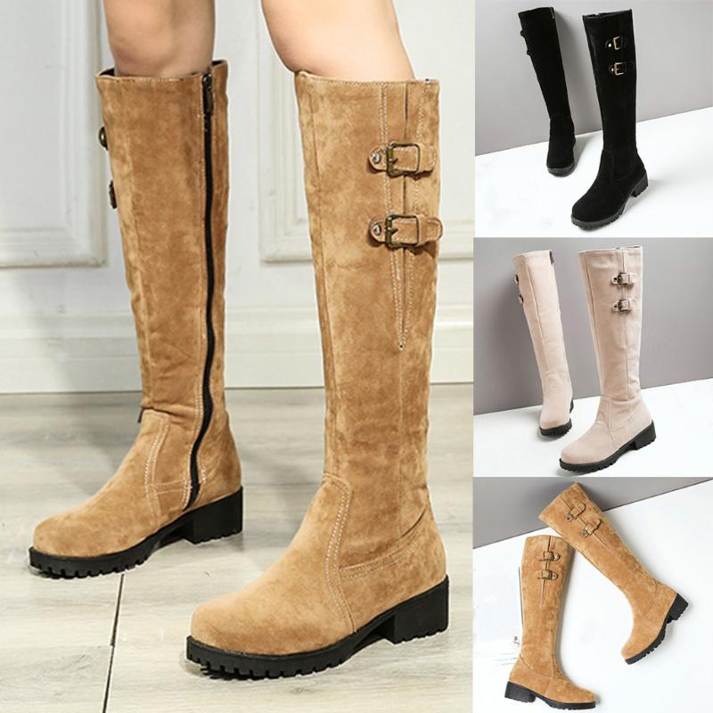 

Thigh High Boots Fashion Women Pure Color Round Toe Zipper Suede Chunky Heels Boots Vintage Winter Long Tube Shoes, Beige