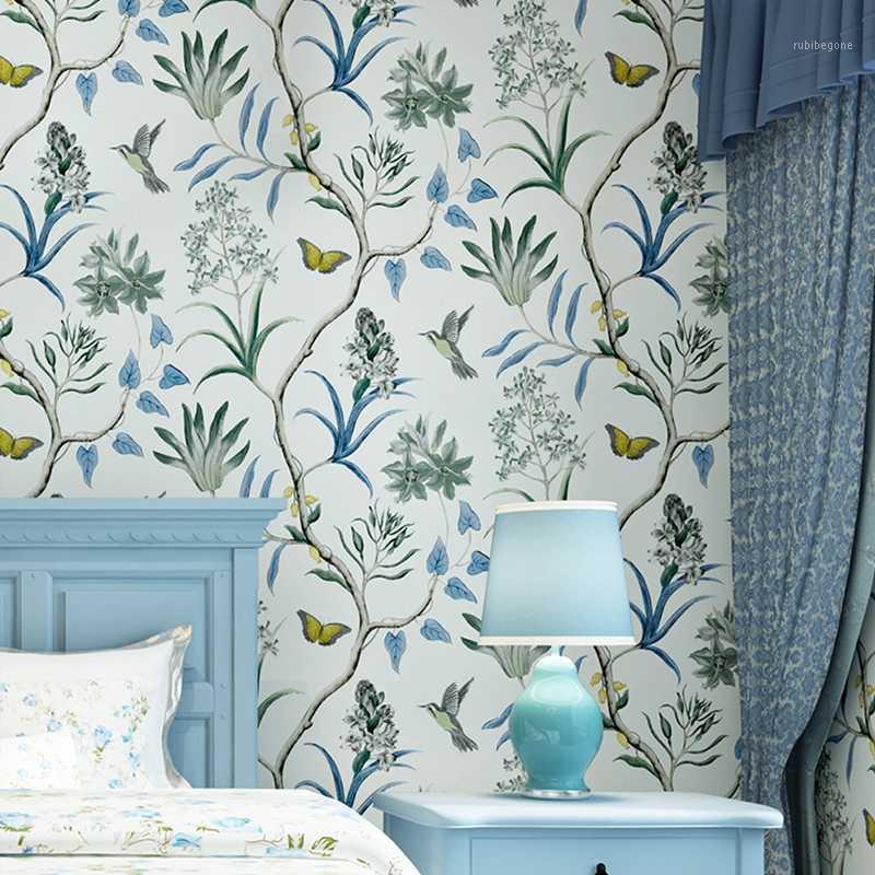 

Non Woven Wallpaper Bedroom Wall Covering Modern Vintage Pink Floral Wallpaper Blue Tropical Butterfly Birds Flower Wall Paper1, Creamy white