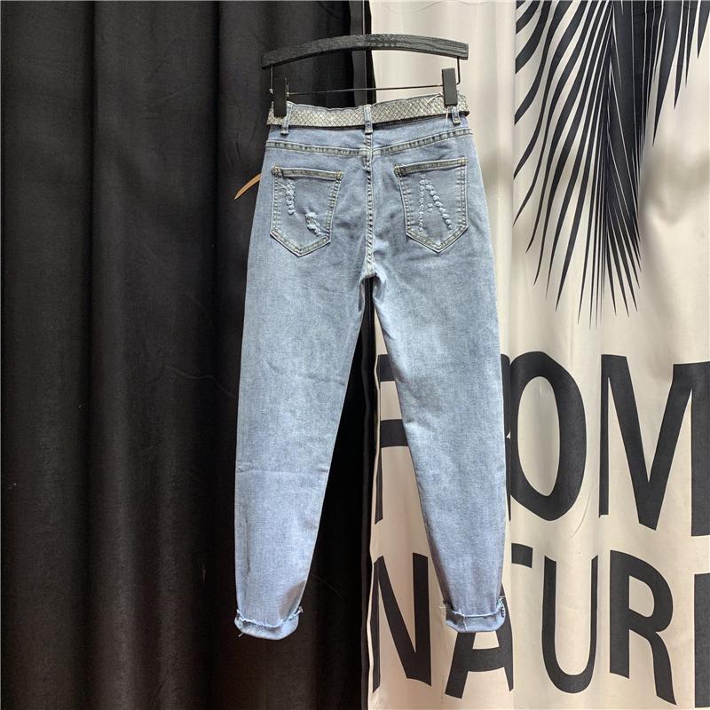 

Slim-Fit Fashion Ripped Harem Pants Women' 2020 Spring New Korean Version Patch Beads Cropped Jeans Denim Jean Femme, Not include belt