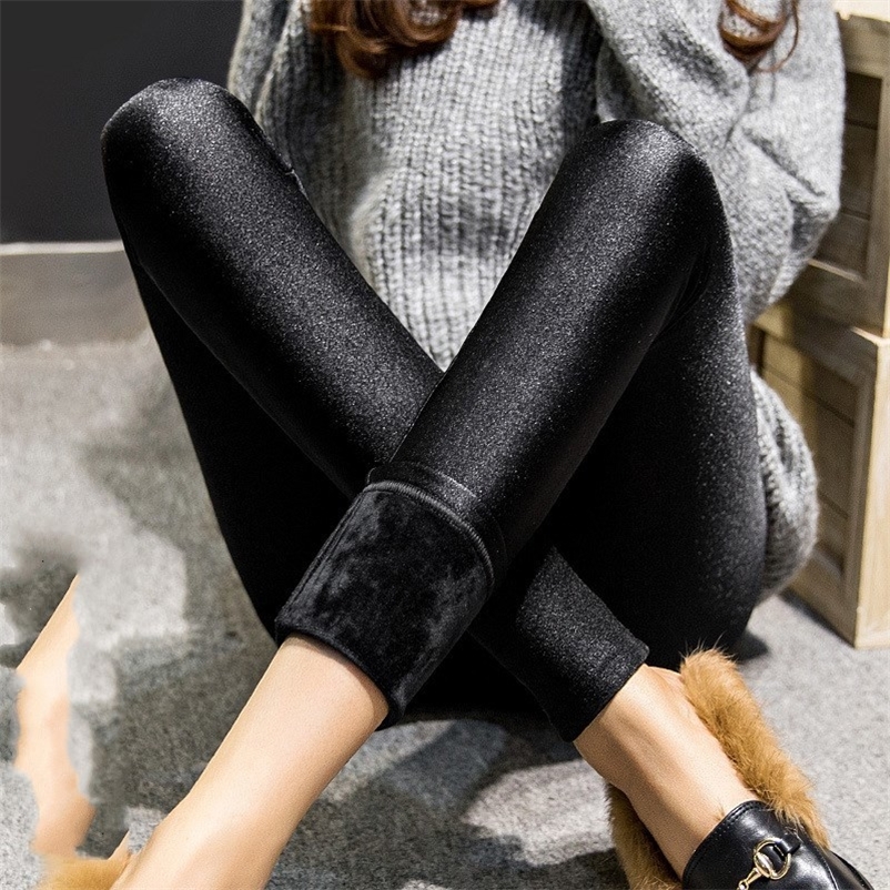 

High Waist Sexy Lurex winter women warm velvet cashmere pants lady plus size thick pant black shine slim stretch capris trousers 201228, D00982 black