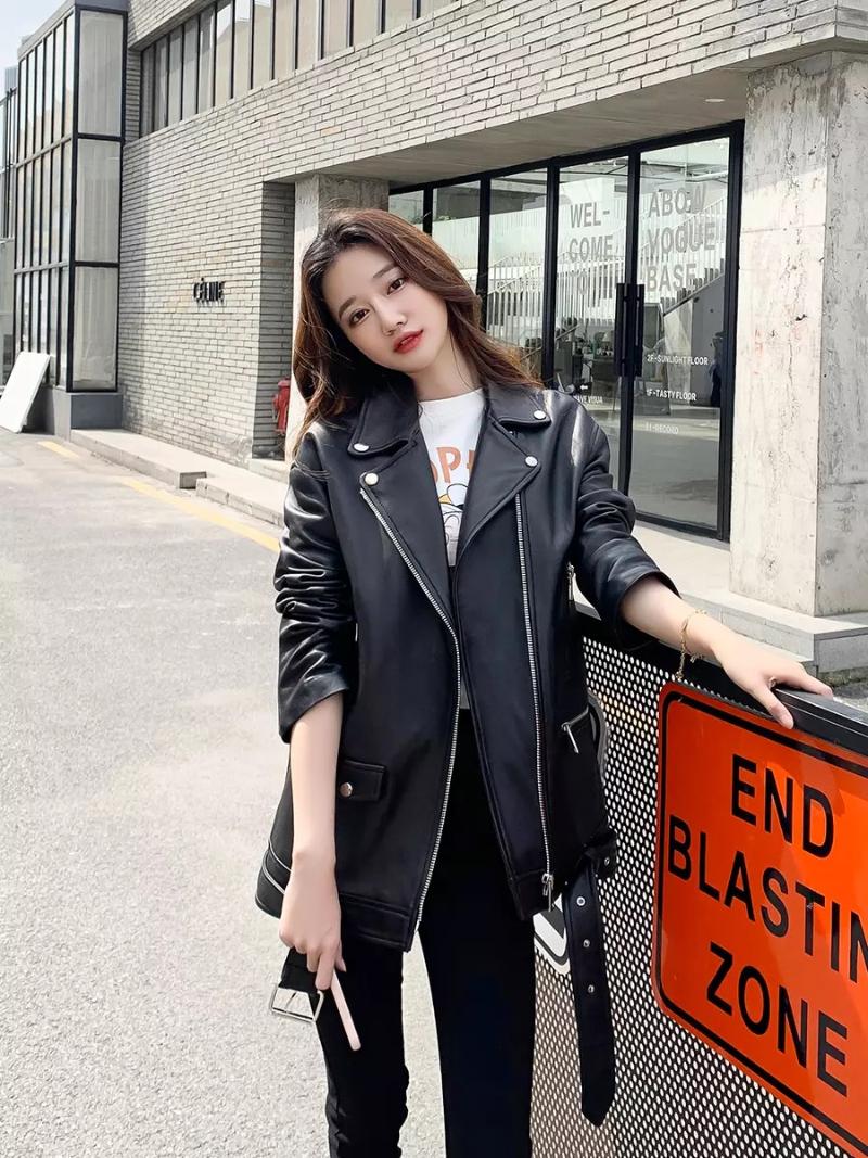 

Natural Leather Women Lambskin Leather Bomber Biker Jacket Long 2020 Fashion 100% Sheepskin Coat, Black